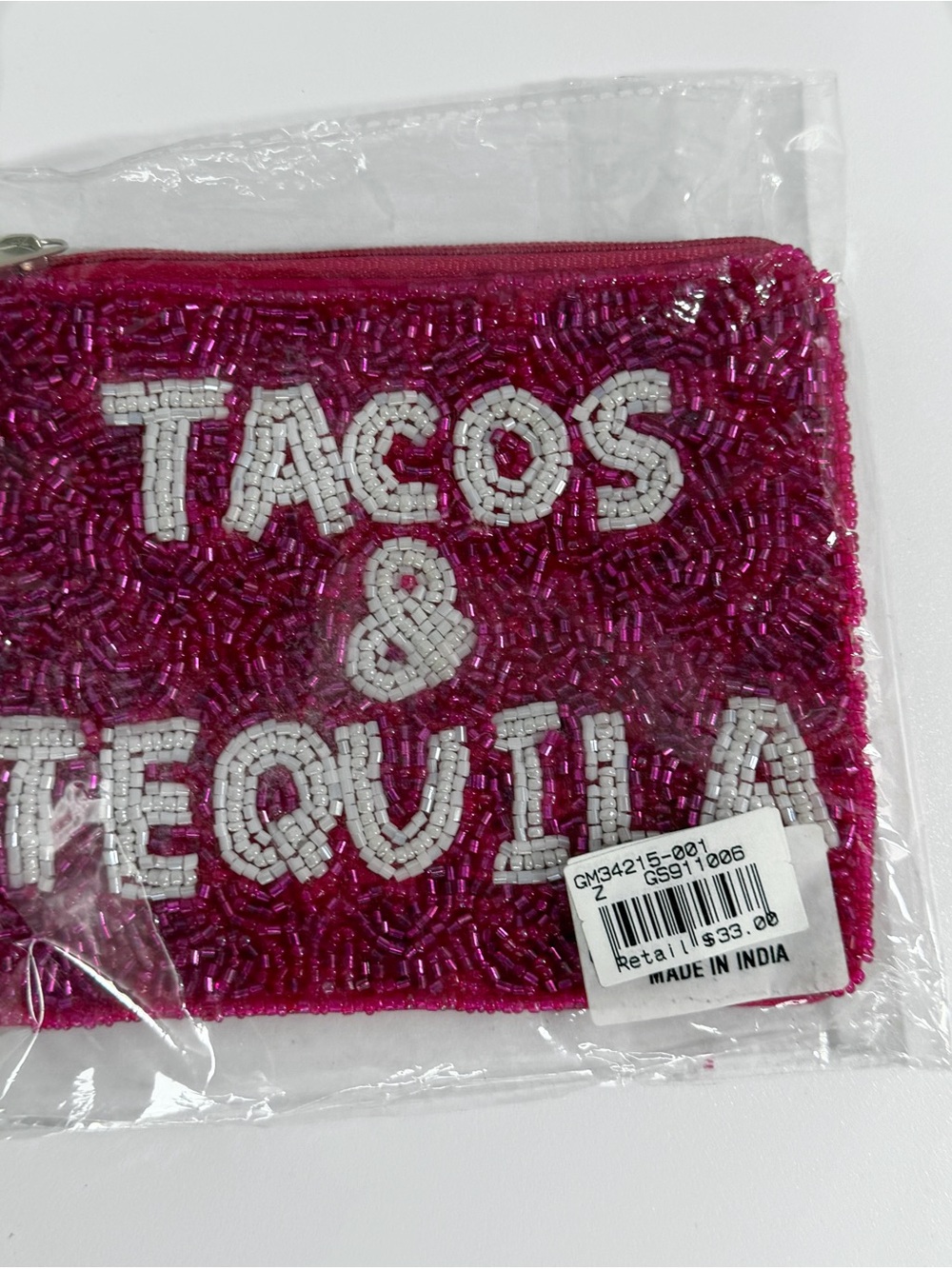 Tacos & Tequila Hot Pink & Fuchsia Hand Beaded Zip Pouch Clutch — NWT - Picture 4 of 4